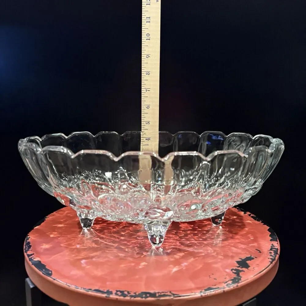 Vintage Clear Pressed Glass Footed Fruit Bowl Oval Scalloped 12” Serving Bowl